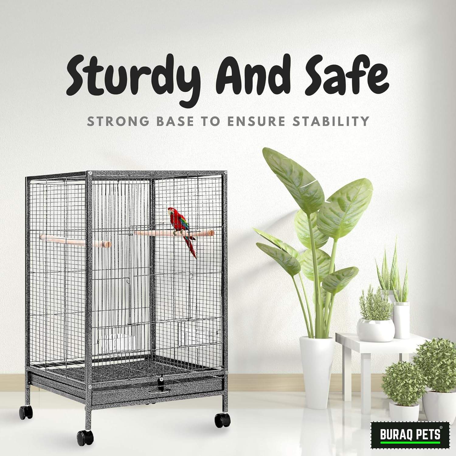 Buraq Aviator Pro 30-Inch Bird Cage with Wheels, Durable Antirust Metal, Easy-Clean Tray & Wooden Perches, Spacious Parrot Cage for Lovebirds, Cockatiel & Budgie (Black) - Image 2