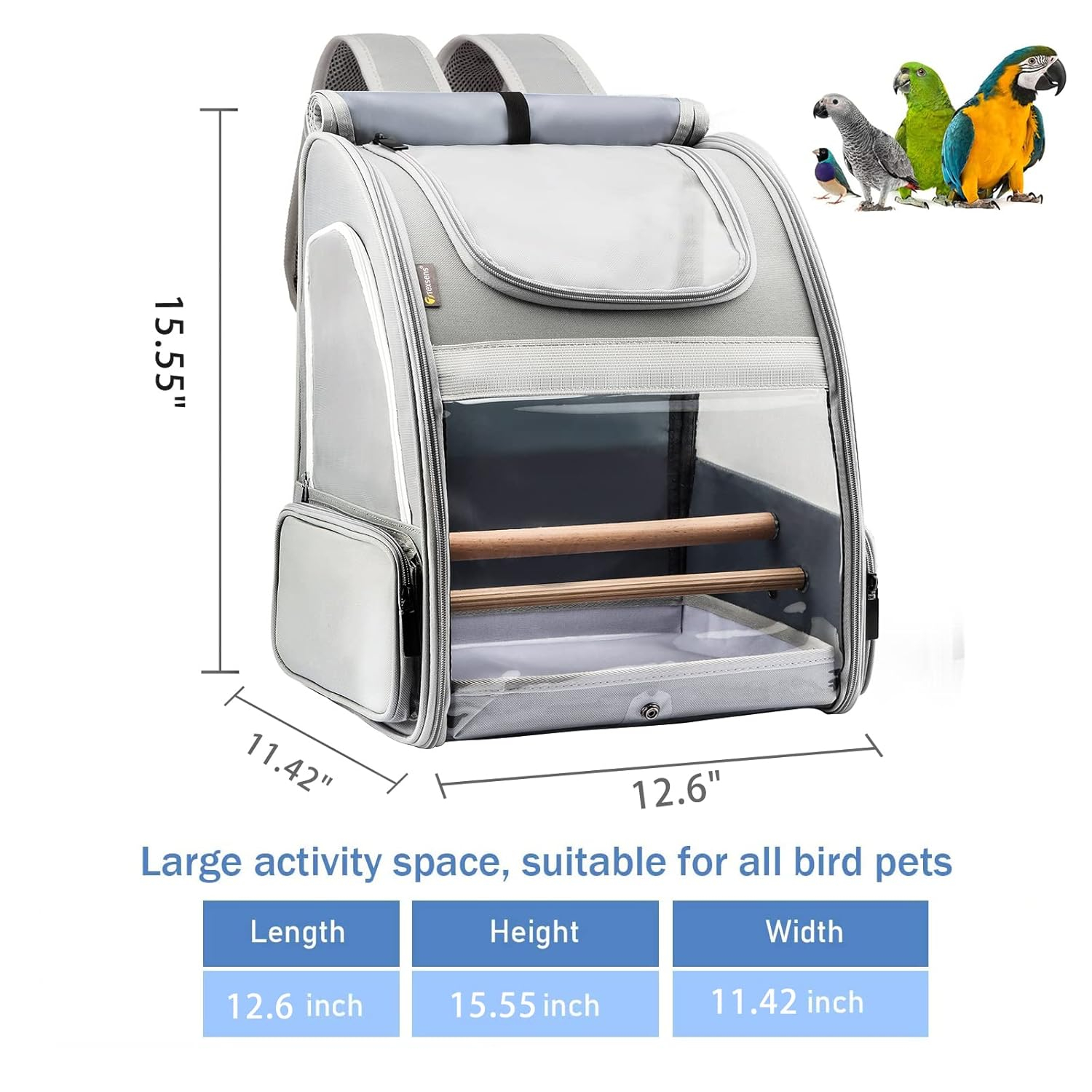 Texsens Bird Carrier Backpack - Pet Travel Cage with Upgraded Tray and Standing Perches, Breathable & Portable, for Small Birds, Green Cheek, Cockatiel, Parrot (Grey) - Image 2