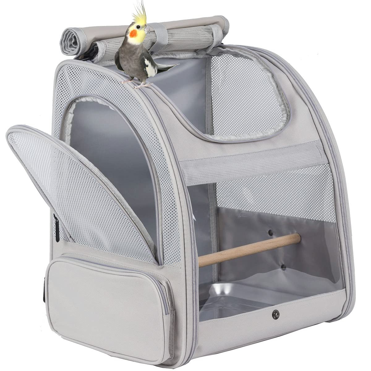 ORIZZP Bird Backpack, Bird Travel Carrier with Stand Perch, Airline Approved Grey Bird Backpack Carrier