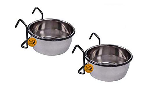 Sage Square Rustproof Stainless Steel Cage Food, Seed, Water Feeder Cum Bowl with Holder clamp for Birds (250ml) (Set of 2)