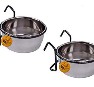 Sage Square Rustproof Stainless Steel Cage Food, Seed, Water Feeder Cum Bowl with Holder clamp for Birds (250ml) (Pack of 2)