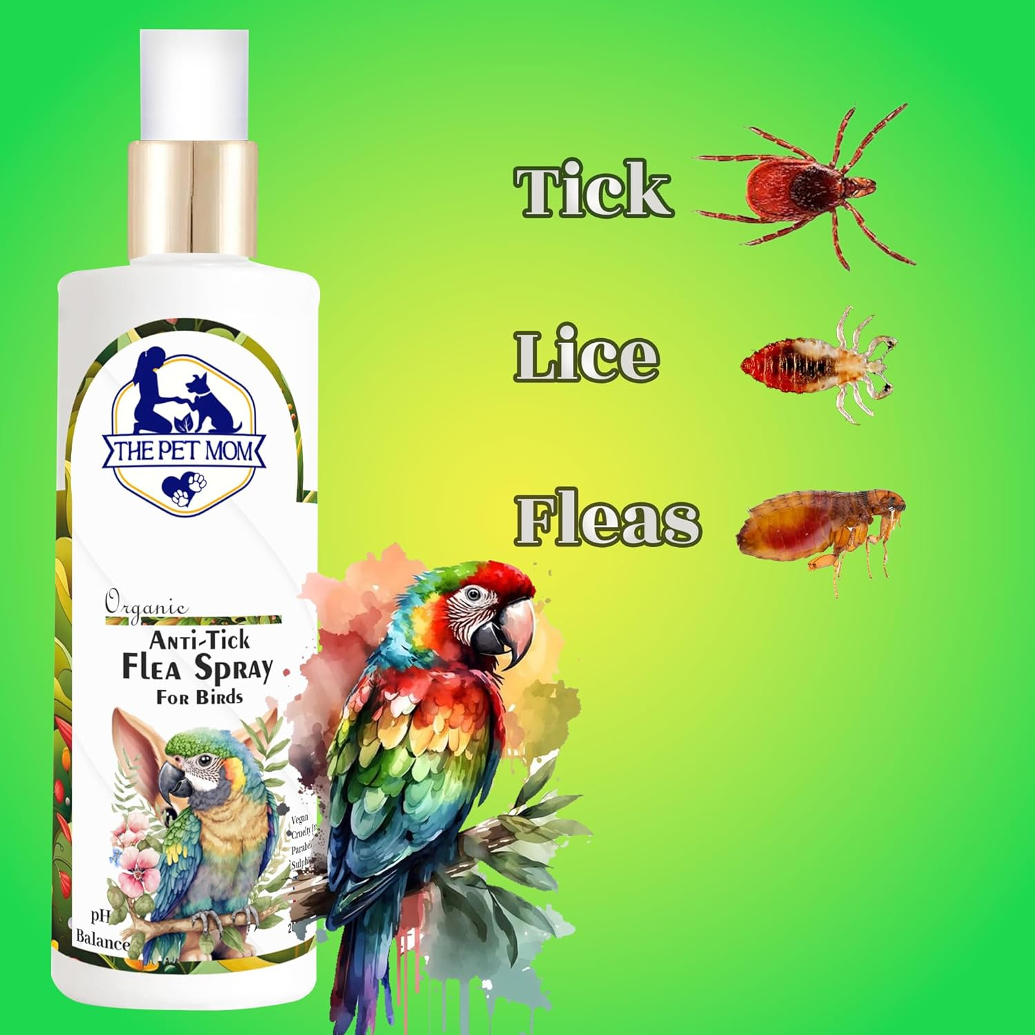 The Pet Mom Anti-Tick Flea Spray for Bird, Parrot, Budgerigar, Sparrow, Pigeon|Help in Ticks, Lice, Fleas, Anti-Itching -Soft & Conditioned Coat |Waterless Tick Bird Shampoo for All Bird Breed -200ml - Image 2