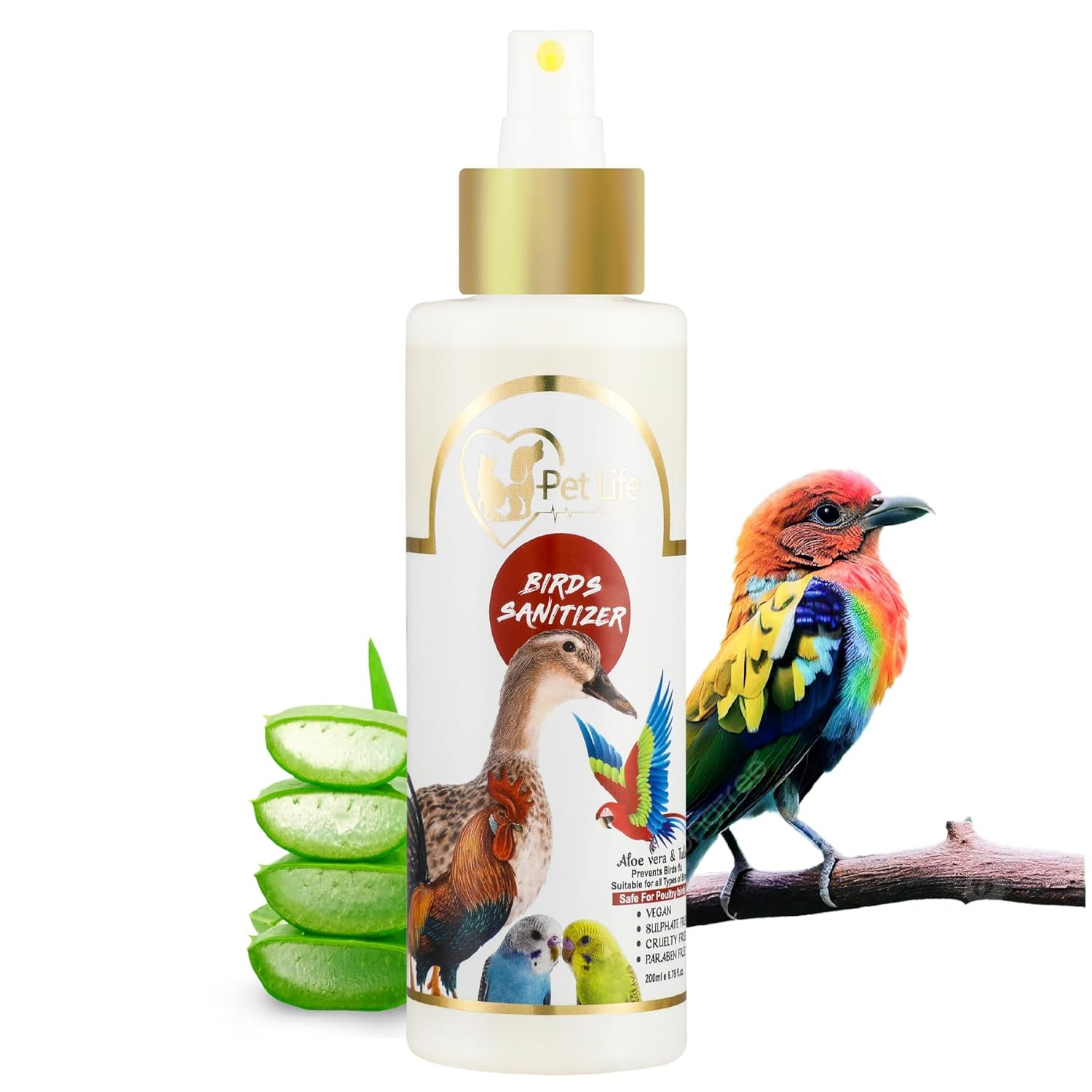Petlife Organic&Ayurvedic Birds Sanitizer Dry/Waterless/Spray For Poultry Birds,Parrots,Chick,Hen,Pigeon,Duck-Natural Ingredients Tulsi,Aloevera,Alcohol(Ethanol)- All Bird Types-200 Ml