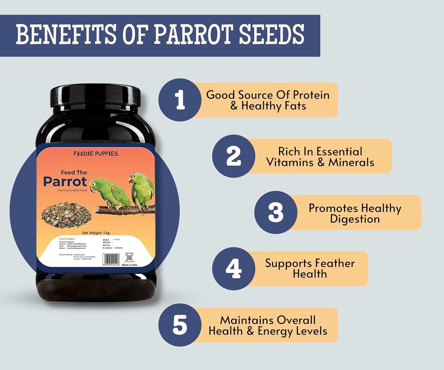 Foodie Puppies Parrot Bird Food for Big Parrot Birds - (1Kg, Container) Mix Seeds Fortified with Almonds, Peanuts, Pumpkin Seeds & Red Chillis for African Grey, Macaw, Cockatoo, Indian & Other Parrots - Image 2