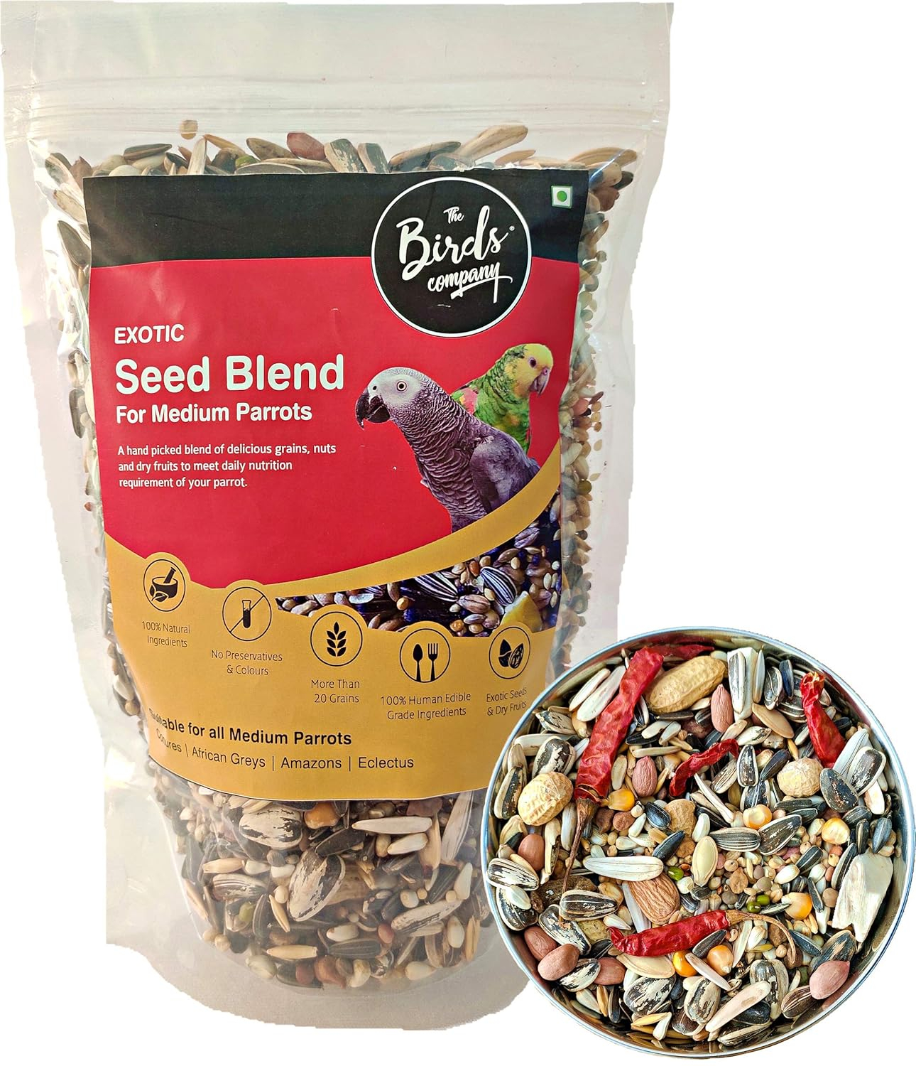 The Birds Company All Life Stages Exotic Seed Blend of 20 Grains & Exotic Nuts, Fortified with Spirulina & Cuttlefish Bone, Bird Food for Medium Parrots, African Grey, Conures, Eclectus, 450 g
