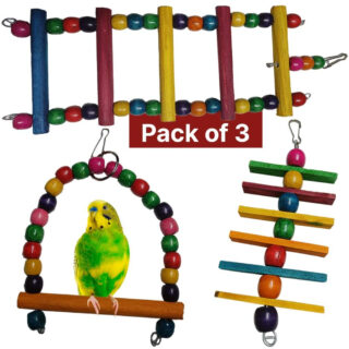 BOLTZ Bird Ladder and Hanging chewable Wooden Bird Toys for Budgies,Cockatiel,Finches,Kannur Birds (Toys Pack of 3)