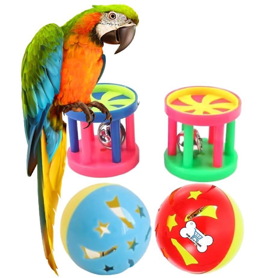 THE DDS STORE Pet Parrot Toy Plastic Colorful Birds Ball for Budgie African Grey Cockatoo Cockatiel Sun Conures Rabbit Cat 4PC Color Random