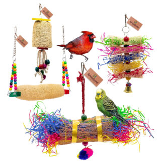 GREENBIRDS TOYS Pack Of 4 Pcs Include Paper Shredded Foraging Chew Toy, Mesh Swing, Cage Hangings Accessories Birds Toys Natural Wood Parrot Toys Cage Accessories Training Aid, Perch For Bird & Parrot
