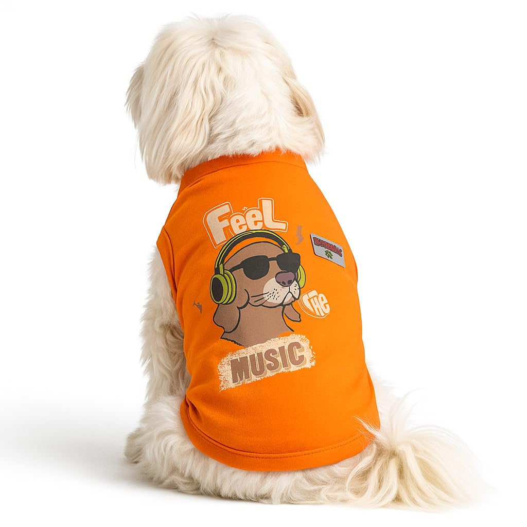 FETCHER Orange 'Feel The Music Printed T-Shirt for Dogs and Cats Cloths for Pets Animals Designer Wear Comfortable