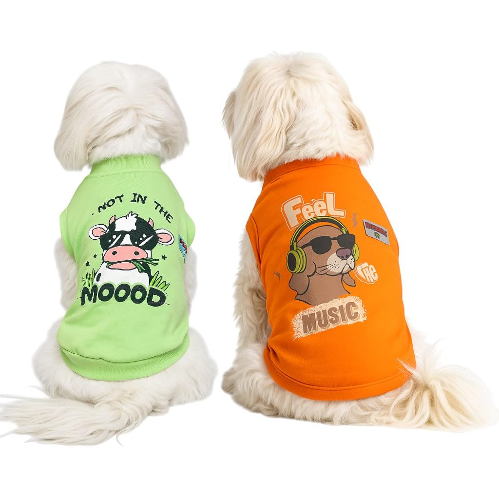 FETCHER Orange and Mint Green Printed T-Shirt for Dogs and Cats Cloths for Pets Animals Designer Wear Comfortable - Pack of 2