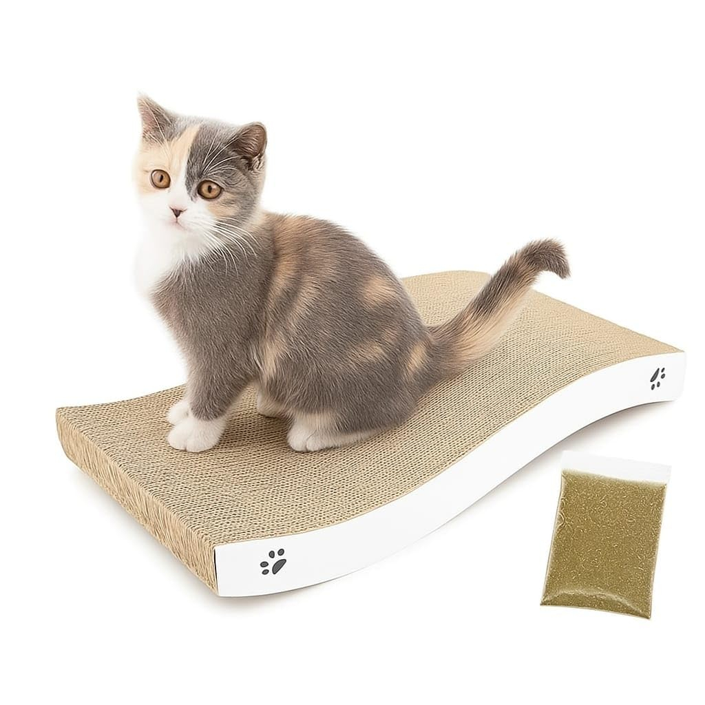 Furry Castle Cat Scratcher Cardboard 2 in 1 Reversible Scratching Pad Recyclable Corrugated Scratch Toy with Wave Shape & 10ML Catnip Cat Scratch Lounge for Furniture Protection Scratch Board
