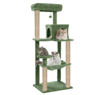 FURRLOVERS Condo Fur Fabric Activity Kitten Cat Tree | Hammock | Hanging Ball | Scratching Posts | Jute Rope (Height 55 Inch) (Green - FURR-54)