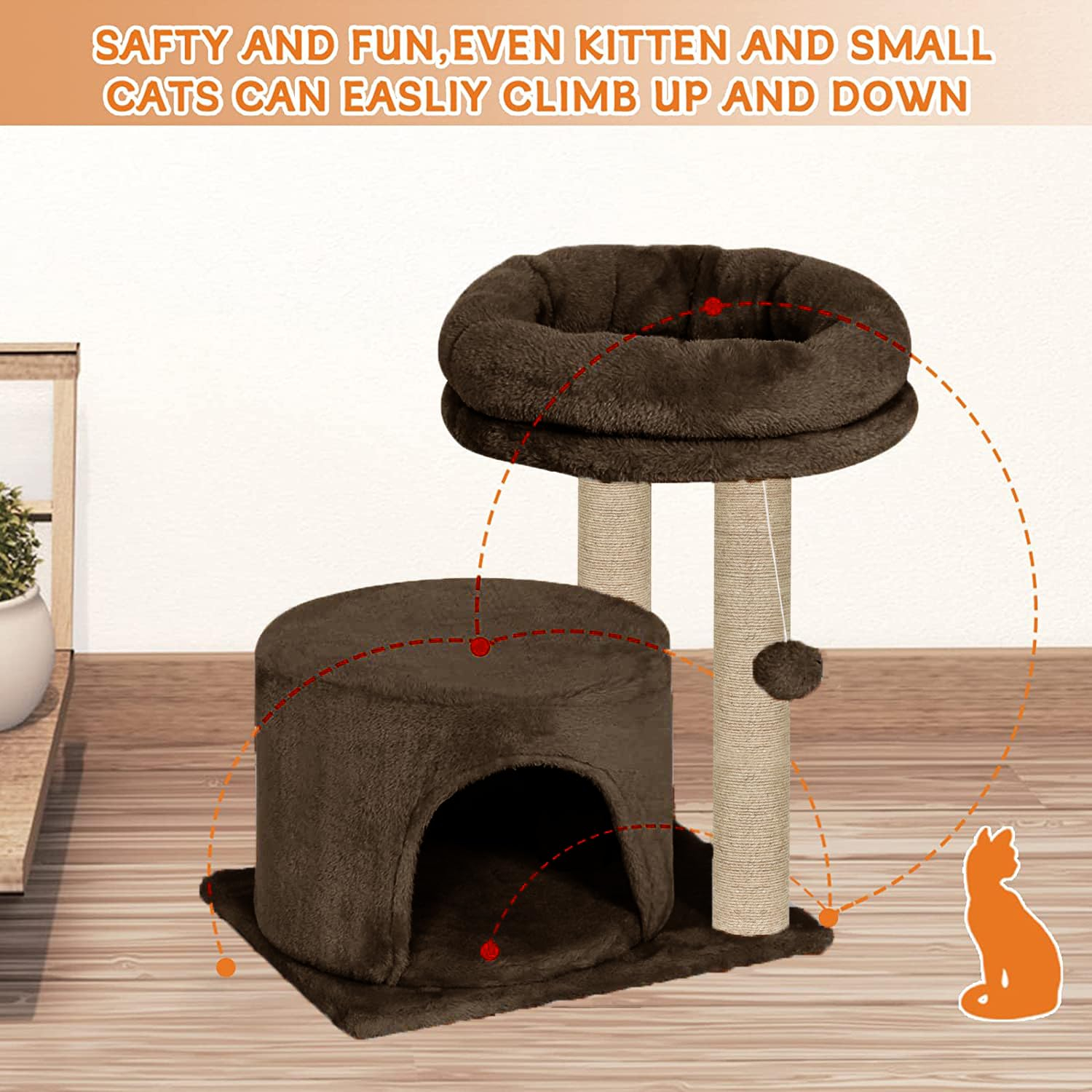 Purrway Cat Tree with Condo and Perch, 18 inch Height, 12 inch Condo, 16 inch Perch (Brown - FURR-19) - Image 2