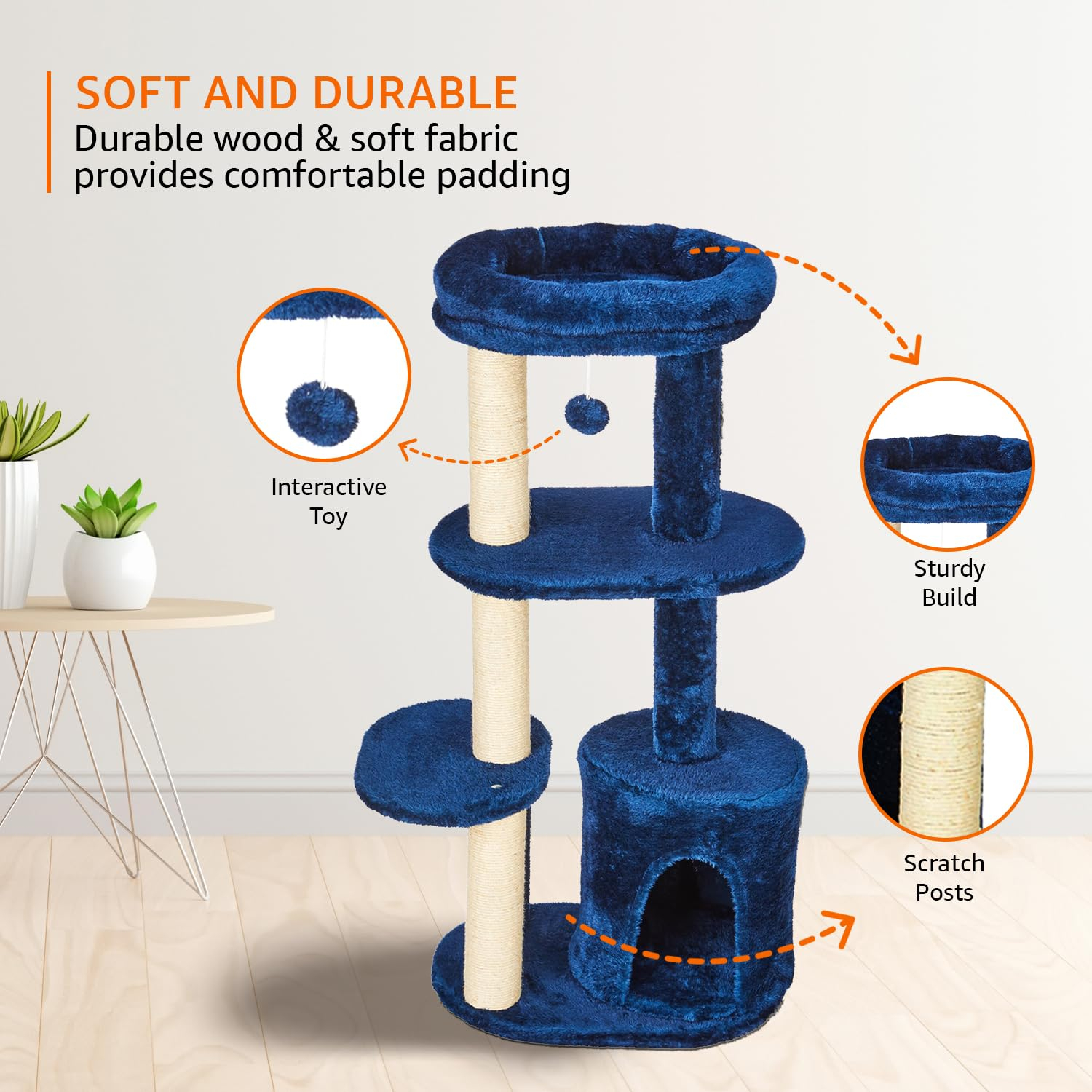 HobbyEnclave Basics Cat Tree | 40-Inch | Plush Multi-Level Cat Condo | 6 Scratching Posts | 1 Caves | 1 Pompoms | Blue Color| Sisal Rope | Large - Image 2