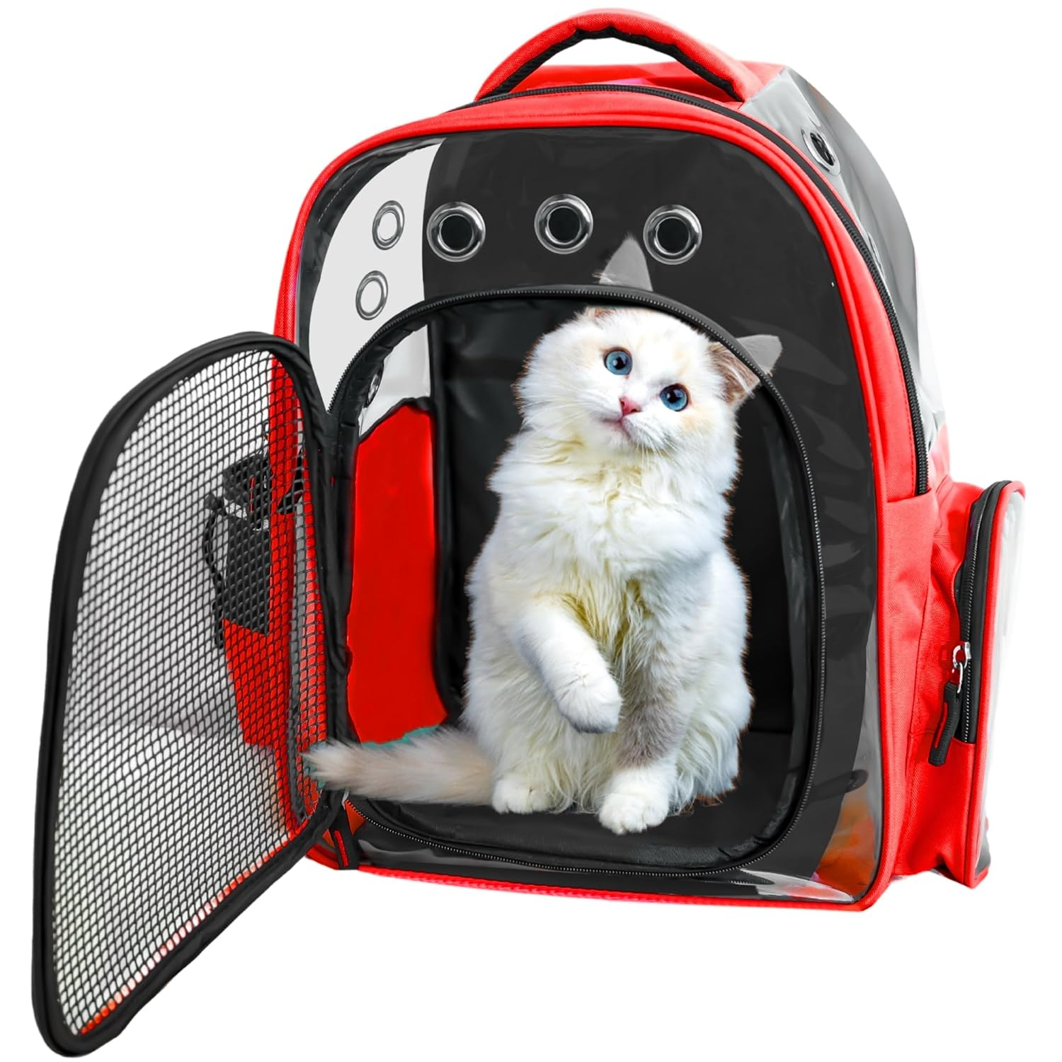 Buraq Breathable Design Pet Carrier Backpack for Hot Weather Travel, Hiking, Ventilated, Touring, Airline-Approved, Sturdy Base cat Bag for Cats Kitten Puppy (Red, Transpicuous See-Through)