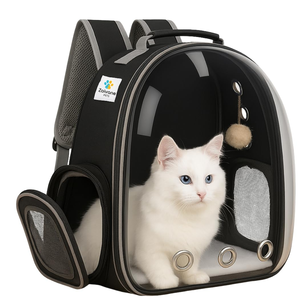 ZOIVANE Transparent Cat Carrier Backpack (Medium) | Breathable, Ventilated, Airline-Approved Pet Travel Bag for Cats & Small Dogs | Sturdy & Comfortable for Hiking & Travel (Black)