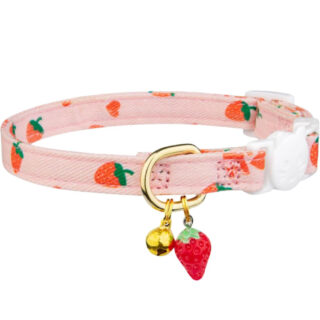 Cybersnc Cotton Breakaway Cat Collar, Pink Strawberries Shaped Pendant, Cute Kitten Cat Collar with Bell (Pink, XS)
