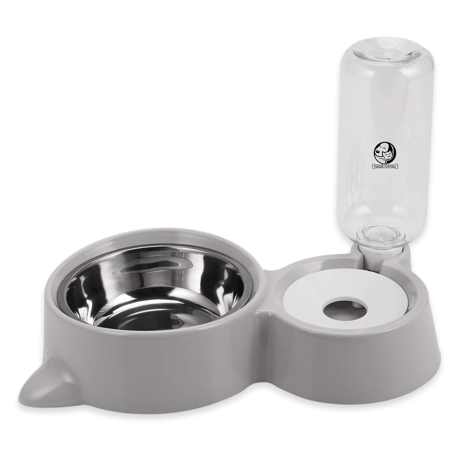 Foodie Puppies 2in1 Pet Feeding Bowl and Water Bottle Set for Puppies and Cats | Stainless Steel Bowl | Wet and Dry Food Bowl with Automatic Water Flowing Dispenser Bottle, (Twin Feeder)