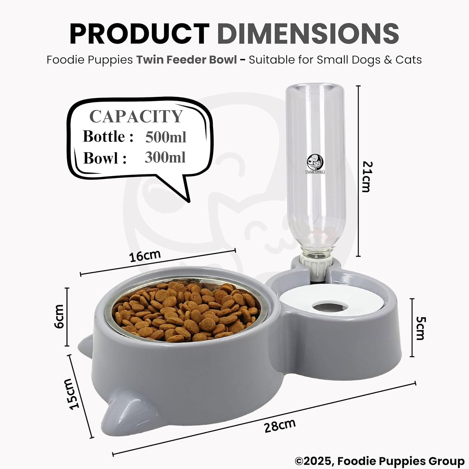 Foodie Puppies 2in1 Pet Feeding Bowl and Water Bottle Set for Puppies and Cats | Stainless Steel Bowl | Wet and Dry Food Bowl with Automatic Water Flowing Dispenser Bottle, (Twin Feeder) - Image 2