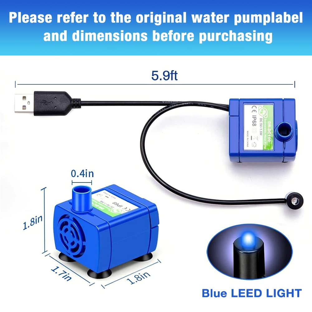 Qpets® Pet Water Fountain Pump, Silent Upgraded USB Air Pumps with LED Indicator Light Automatic Power Outage After Water Shortage, 5V Water Fountain Pump Replacement, 160L/h Max - Image 2