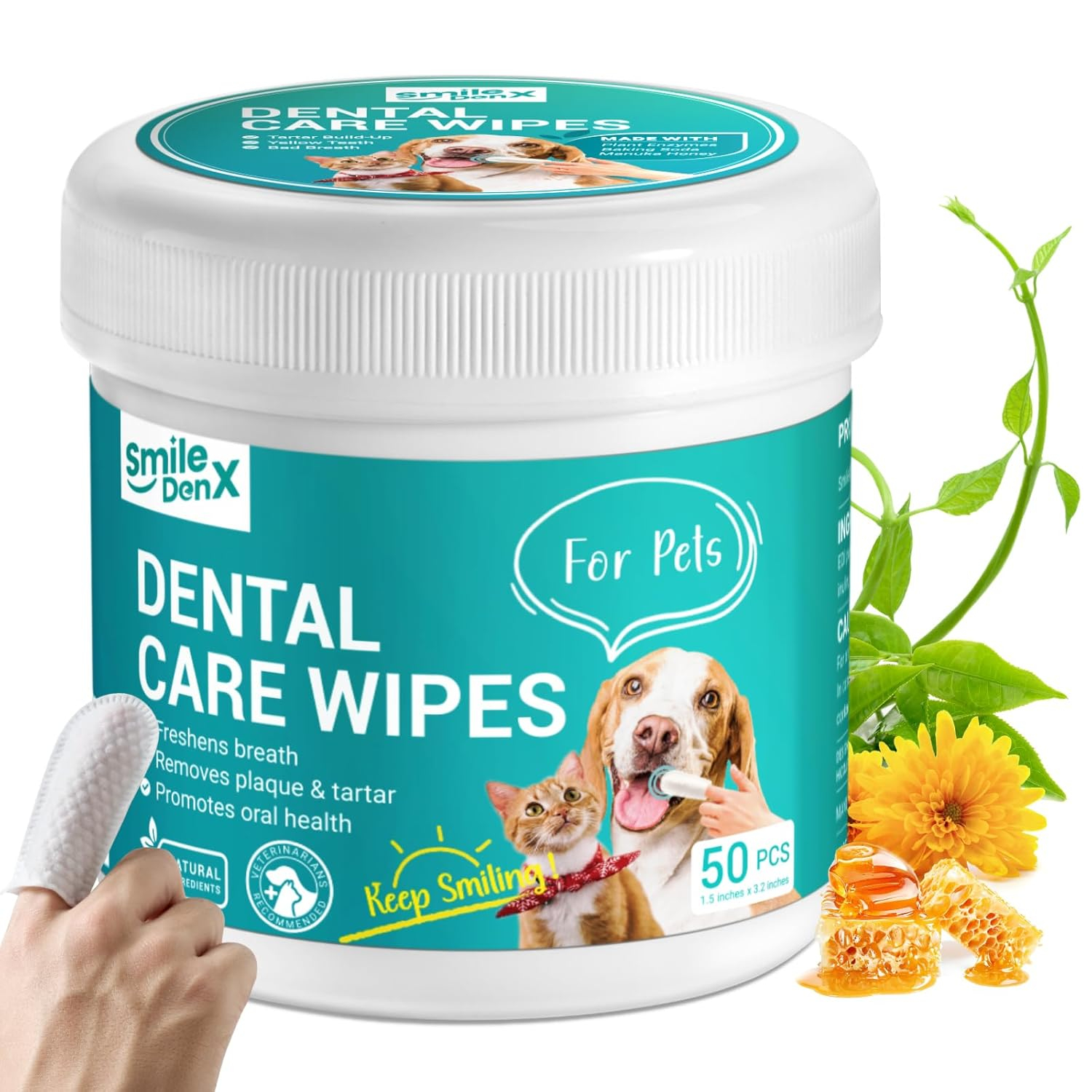 SmileDenX Teeth Cleaning Wipes for Dogs & Cats, Dog Finger Toothbrush Wipes, Dog Dental Care Finger Wipes, Dog Tooth Brushing Kit, Remove Plaque & Tartar Buildup, Fresh Breath (50 PCS, Unscented)
