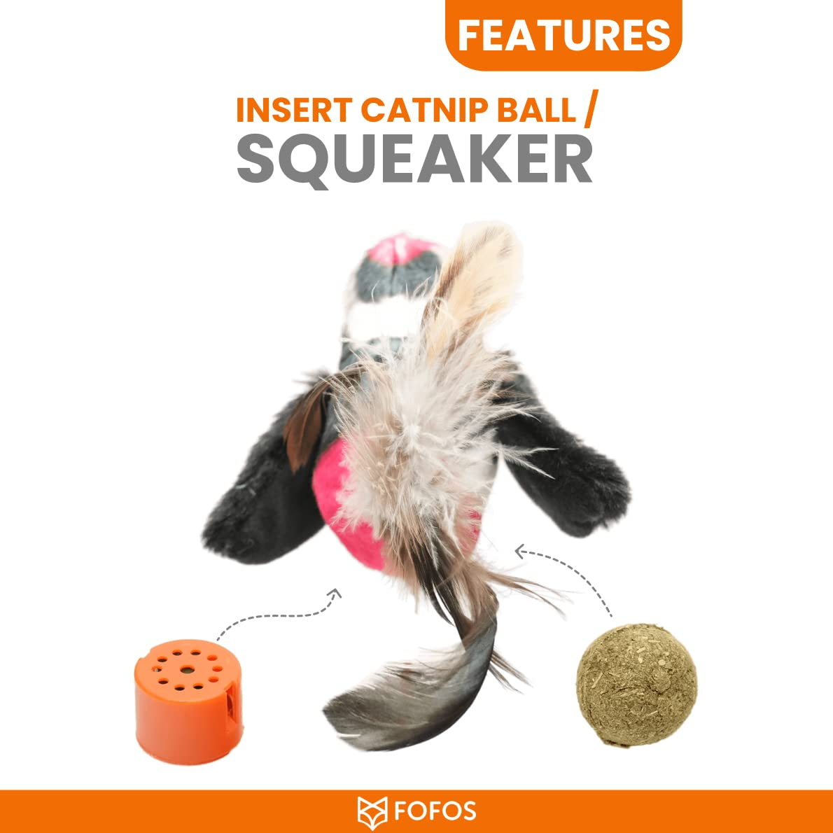 BarkButler x Fofos Black Bird Cat Toy, Black|3 US Grade Organic Catnip Balls|Motion Activated Bird Sounds|Real Feathers&Super Soft Fabrics|for Kittens,Older Cat Breeds - Image 2