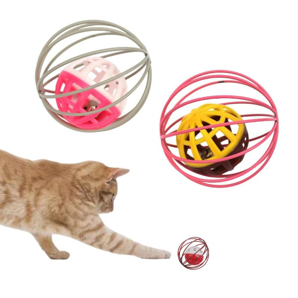 Fapiwen Cat Toys - 2pcs Interactive Cat Balls with Bell, Colorful Kitten Toys, Cute Caged Bell Rolling