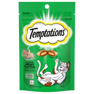 Temptations Crunchy Cat Treats, Seafood Medley Flavour, 85 g, Goodness of Protein, Vitamins & Minerals, Soft Inside Crunchy Outside