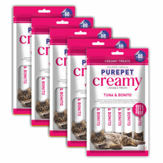 PUREPET Creamy Lickable Cat Treats, Tuna & Bonito, Pack of 1 X 75 G, Pack for All Life Stages (75g *5 Pouches 375 g)