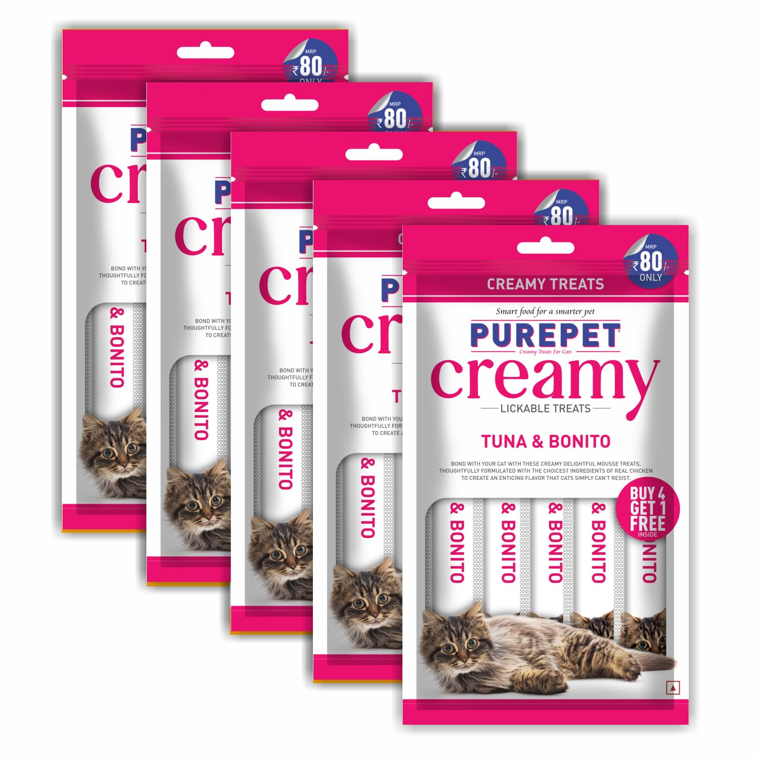 PUREPET Creamy Lickable Cat Treats, Tuna & Bonito, Pack of 1 X 75 G, Pack for All Life Stages (75g *5 Pouches 375 g)