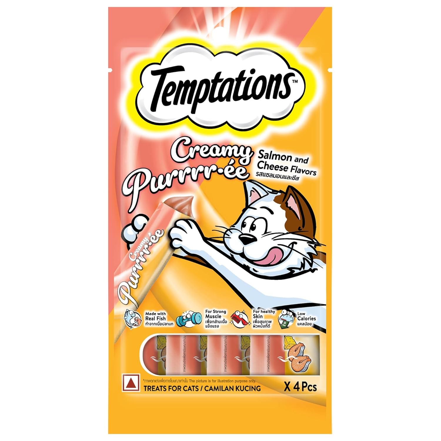 Temptations Creamy Purrrrr-ée Lickable Cat Treats, Salmon & Cheese Flavour, 48 G, Made with Real Fish, Goodness of Protein, Vitamins & Minerals,All Life Stages