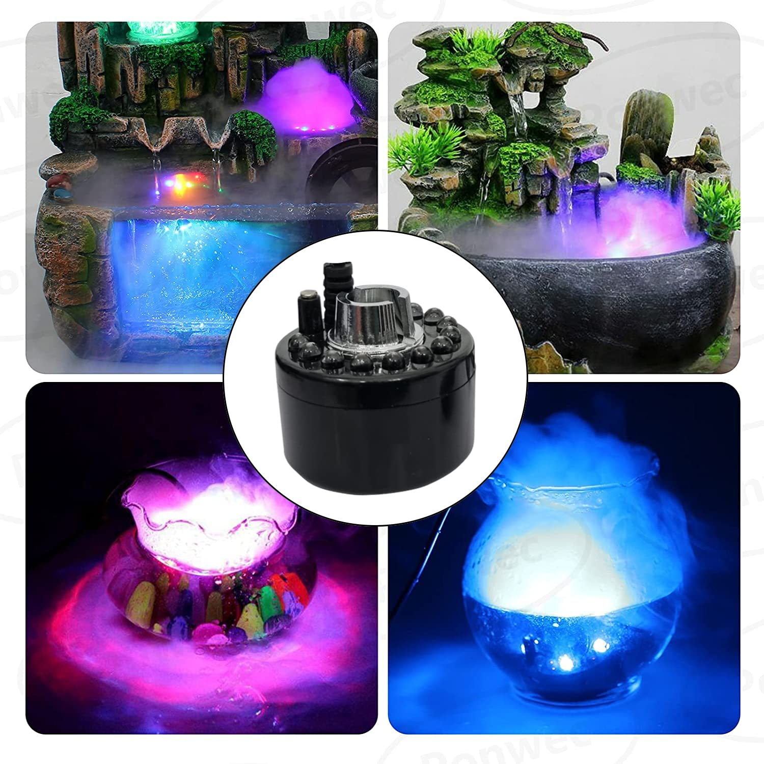 VENUS AQUA WY-2410 Mini Mist Maker Fog Machine – Waterproof Ultrasonic Fogger with 12 LED Lights, 300ml Tank – Ideal for Indoor Decor, Festivals, Fountains, Ponds & Smoke Effects (Black)