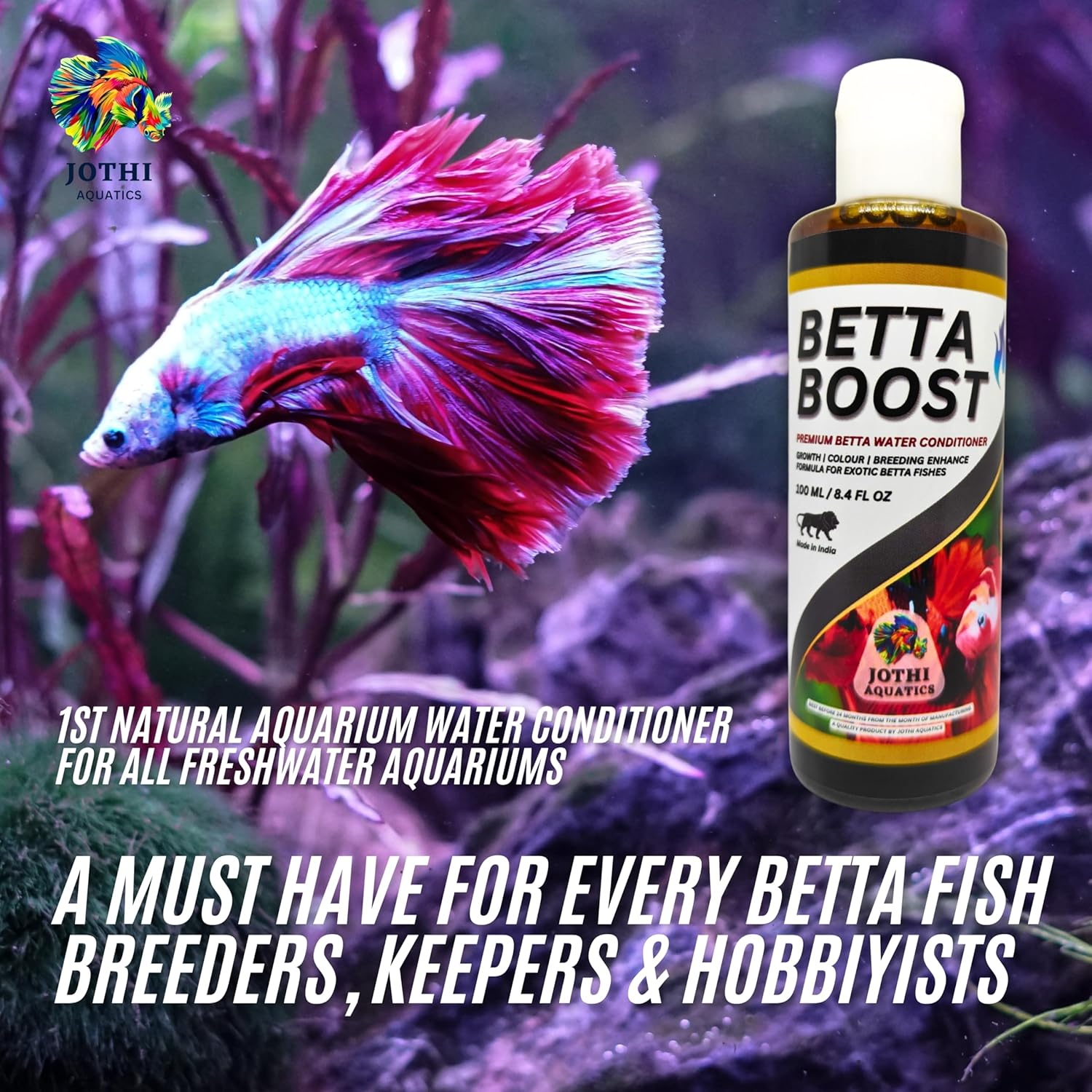 Jothi Aquatics Betta Boost Natural Betta Fish Medicine, Aquarium Water Conditioner & Supplement 100ml | Anti-Bacterial, pH Balance, Growth & Color Enhancer for All Betta Species - Image 2