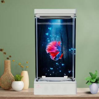 VAYINATO® Transparent Narrow Acyrlic Betta Fish Tank (White) with Multi Color Changing USB LED Light | Easy to Clean and Maintain | Mini Portable Fish Tank (1 Liter Capacity)