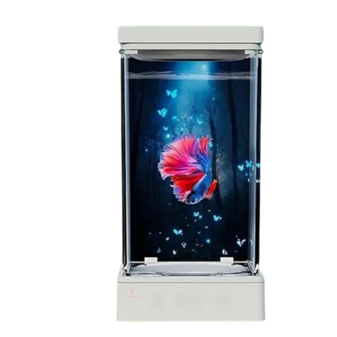 KSH STORE ® Betta Fish Tank Transparent Small Desktop Aquarium for Home and Living Room White, with USB 7 Colour LED Light Easy to Clean and Maintain | Mini Portable Fish Tank (1 Liter Capacity)