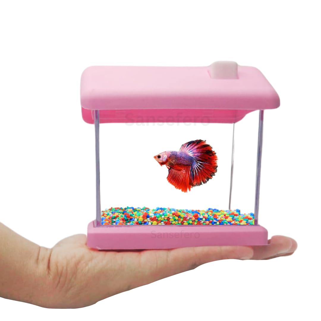 SANSEFERO Mini Betta Fish Tank House for Betta Fishes for Home and Office Etc. Random Colors (Betta House) Free Stones (Size 12.5 Cm x 8.5 Cm x 13 Cm)