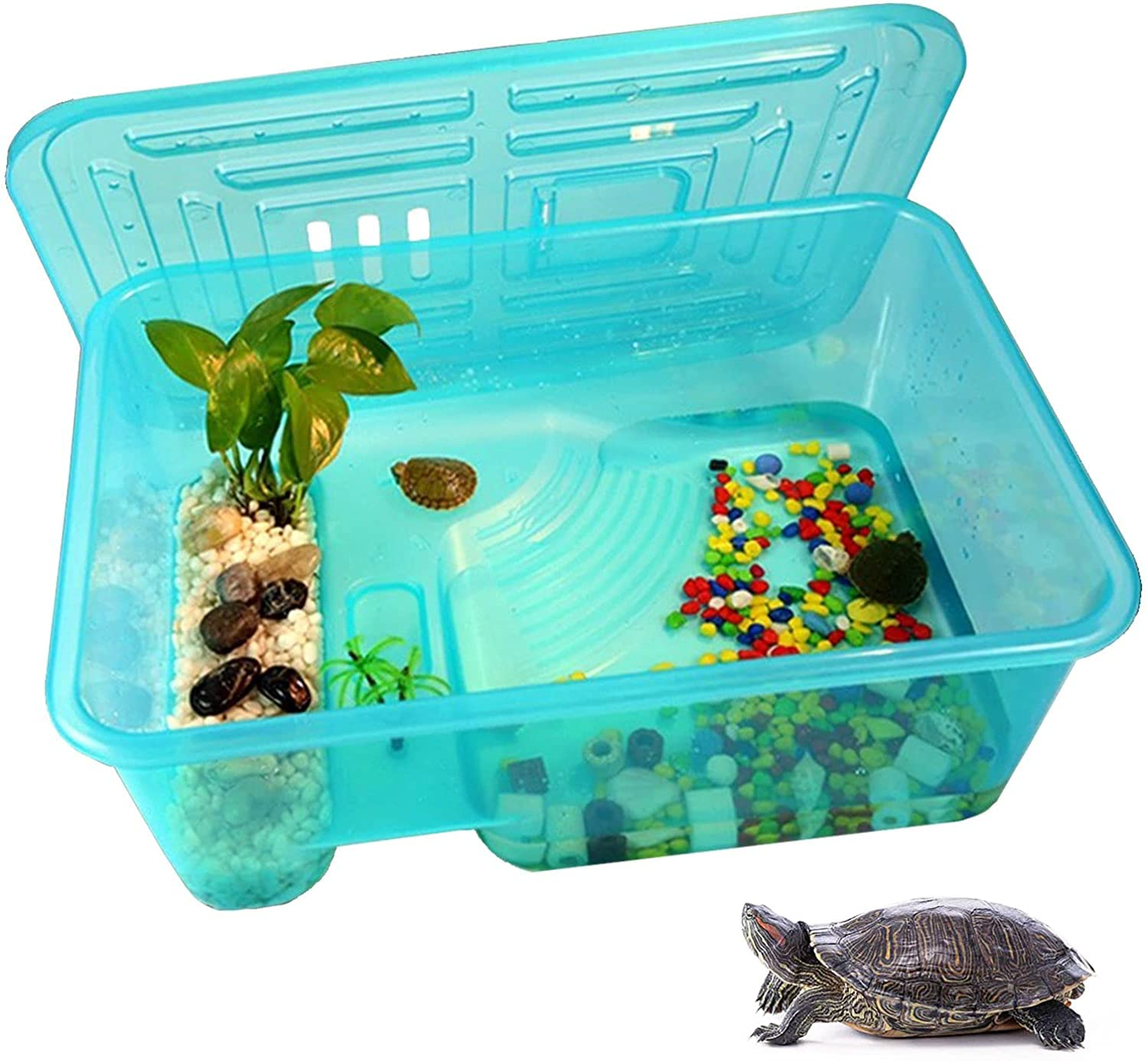 NATLIS Turtle Aquarium Rust Resistant Tank, Reptile Habitat, Terrapin Lake, Basking, Swimming, Breeding, Hibernation, Feeding, Platform for Tortoise, Crayfish Crab (1.5 Feet, Blue, Pack of 1)