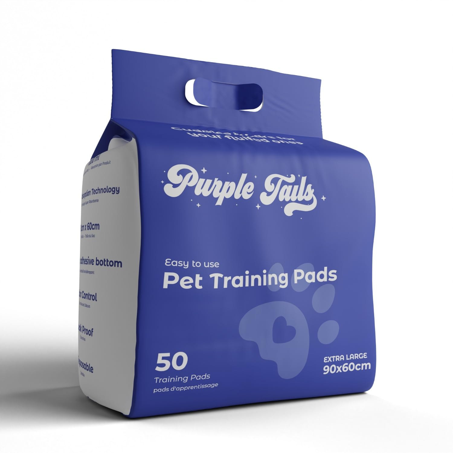 Purple Tails Canada XL Pet Training Pads with Adhesive Tape – Pack of 50 – 8 Layers Super-Absorbent XL Pee Pads for dogs – Built in Pet Attractant, Leakproof – Small, Medium, Large Dogs (50, 90x60 cm)