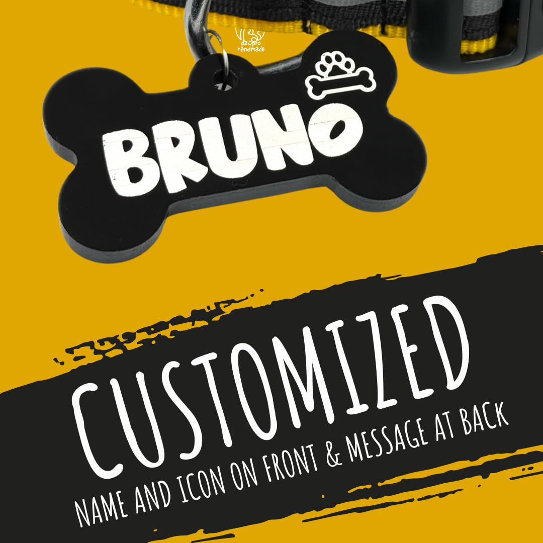 PAWPRO HANDMADE Reflective Nylon Dog Collar with Customizable Bone-Shaped Tag -Adjustable for Safety and Comfort, Fits 35-50 Cm Neck -Black (Yellow, Medium) - Image 2