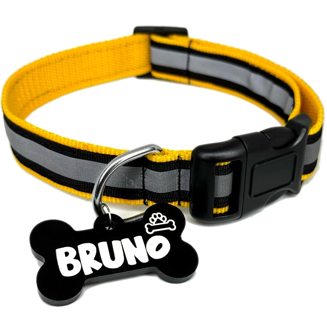 PAWPRO HANDMADE Reflective Nylon Dog Collar with Customizable Bone-Shaped Tag -Adjustable for Safety and Comfort, Fits 35-50 Cm Neck -Black (Yellow, Medium)