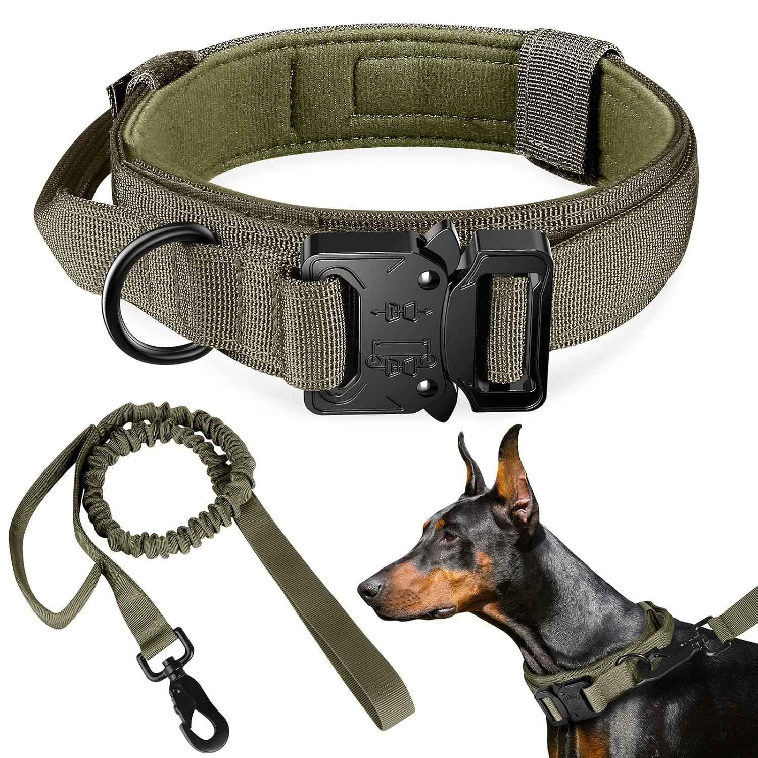 FYA Tactical Dog Collar And Leash Set, Military Dog Collar, Adjustable Training Nylon Dog Collar With Control Handle And Heavy Metal Buckle For Medium And Large Dogs Daily Training And Walks,62 Cm