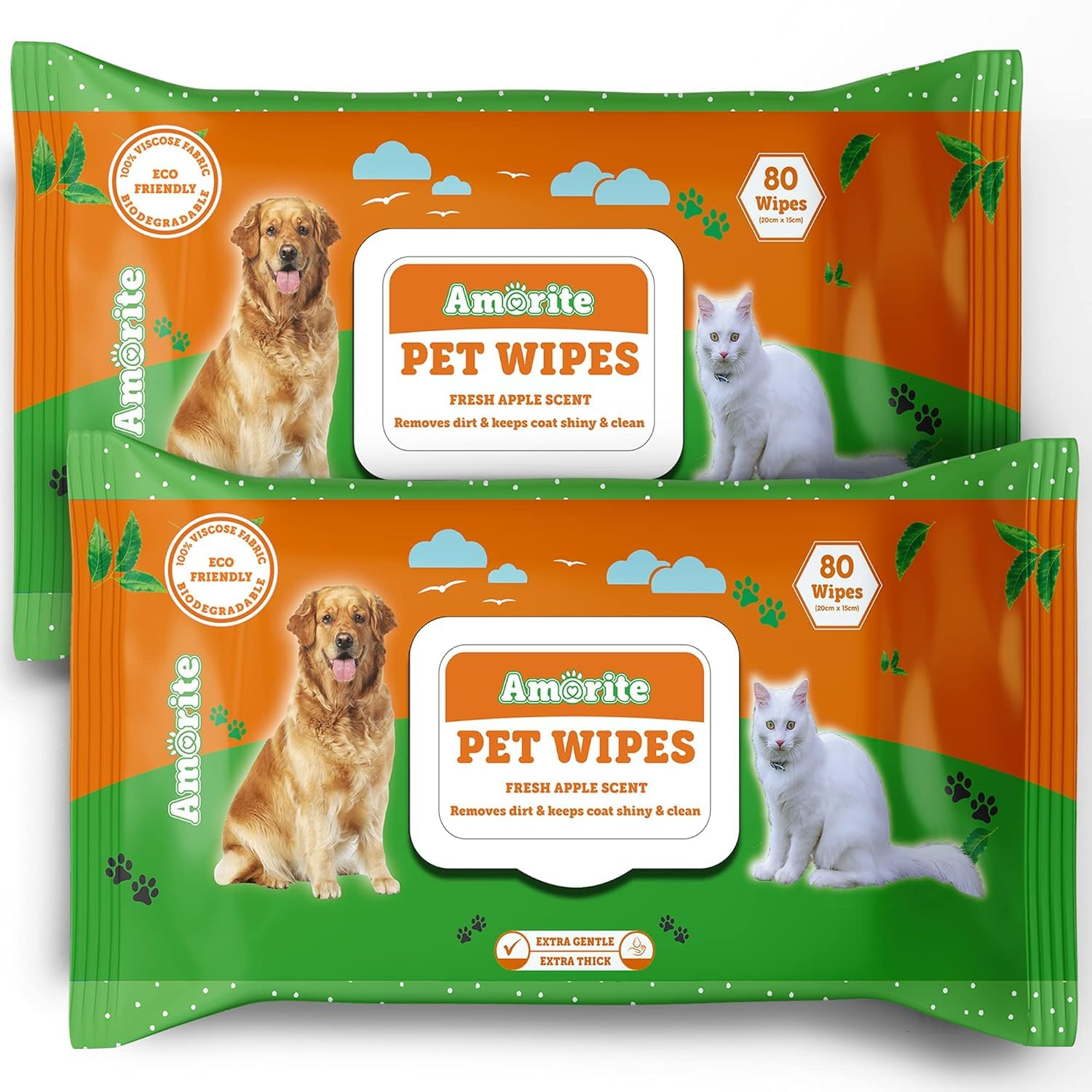 AMORITE Anti-Bacterial 160 Count Pet Wipes with Fresh Apple Scent for Dogs, Puppies & Pets (Pack of 2) Suitable for All Types of Pets' Dry Bathing, Daily Care, Paw Cleaning Wipes
