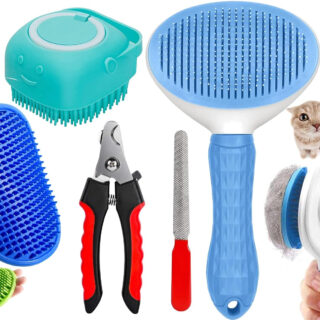 Styllent 4‑in‑1 Pet Grooming Set – Self‑Cleaning Slicker Deshedding Brush + Silicone Bath & Massage Tool + Adjustable Rubber Bath Scrubber + Ergonomic Nail Clippers – for Dogs & Cats