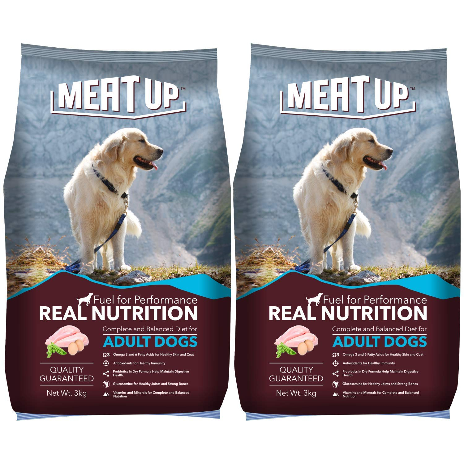 Meat Up Dry Adult Dog Food, Chicken Flavour, 3 KG (Buy 1 Get 1 Free)