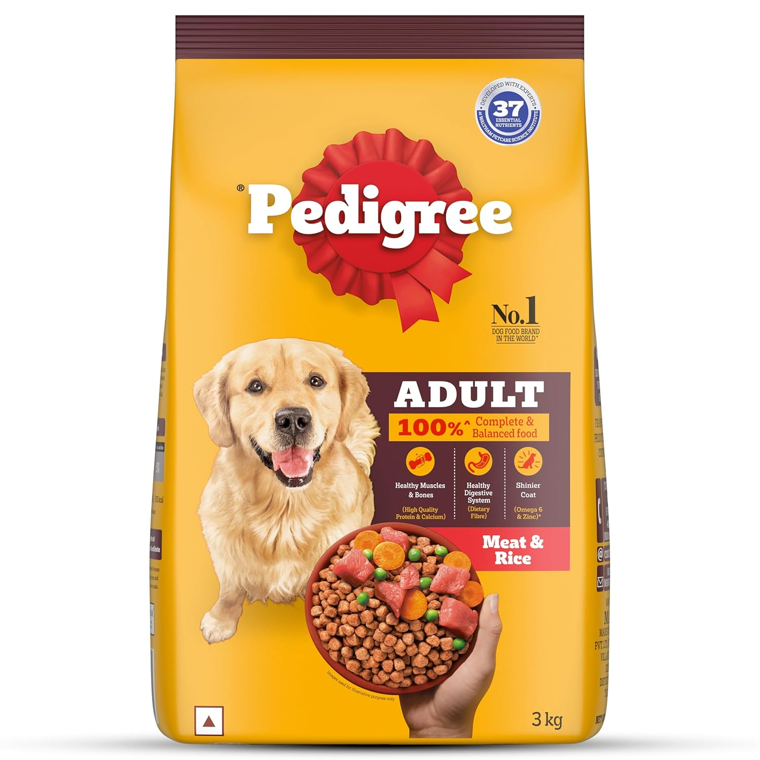 Pedigree Adult Dry Dog Food, Meat & Rice, 3 kg, Contains 37 Essential Nutrients, 100% Complete & Balanced Food for Adult Dogs