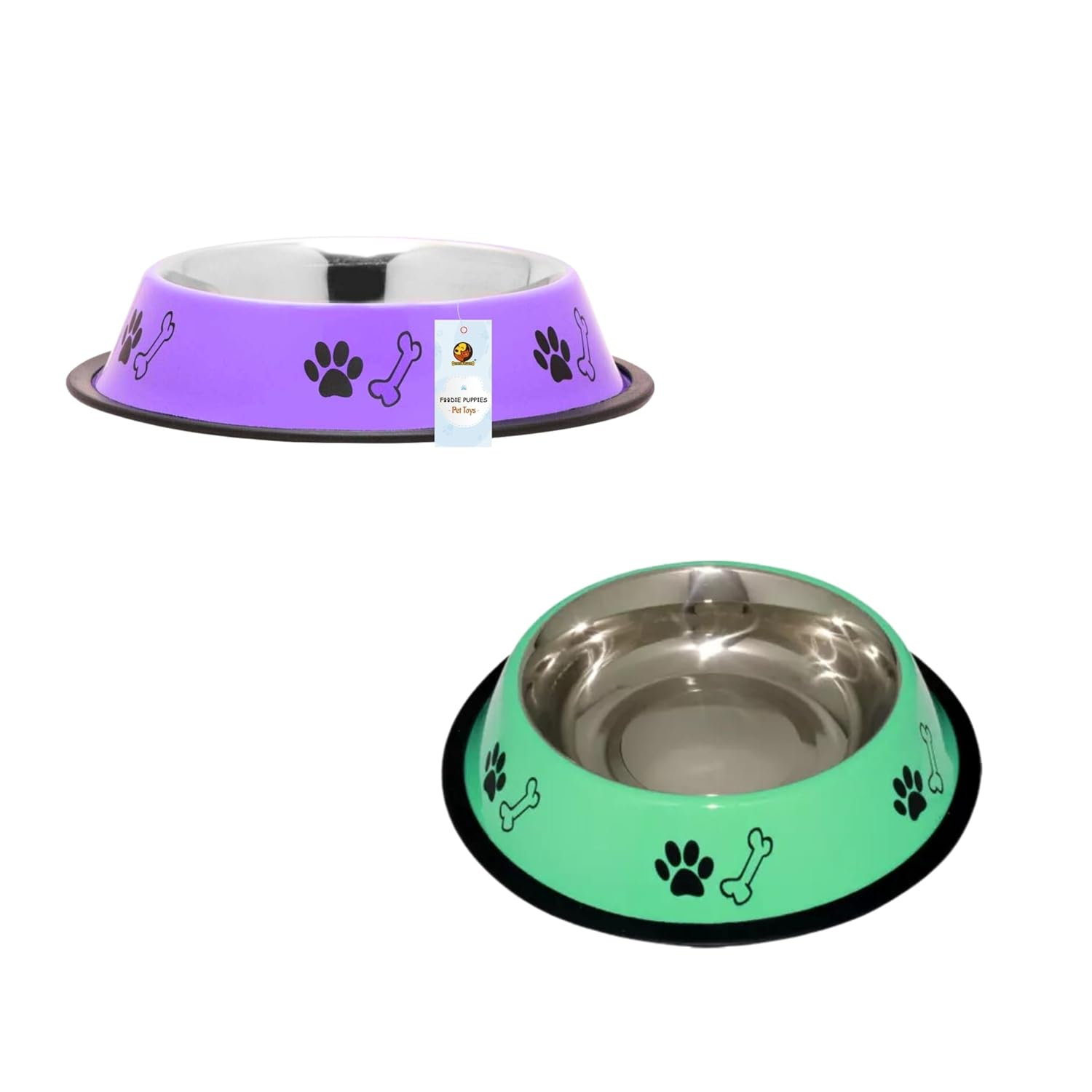 Foodie Puppies Stainless Steel Dog Bowl Combo - (Medium, 700ml) Food and Water Feeding Gift Bowl | Suitable for Dogs, Cats and Other Pets I Paw Bone Print, Anti-Skid Rubber Base (Yellow + Orange) - Image 2