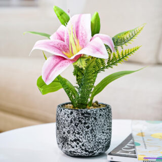 Ekhasa Nostrae Pink Lily Artificial Flowers with Cement Vase Pot for Home Decoration | Guldasta Flower Pots with Artificial Show Flower for Living Room, Bedroom, Office Decor