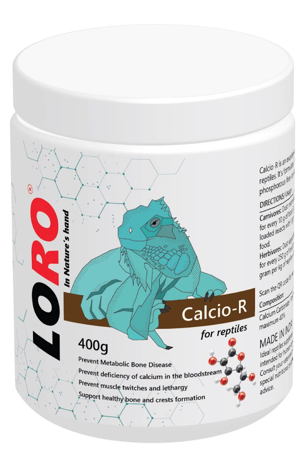 LORO: In Nature's hand Calcio-R for Reptiles (400 G) | Calcium Supplement for Reptiles | Phosphorous-Free Calcium Ultrafine Powder Reptile | Amphibian Supplement