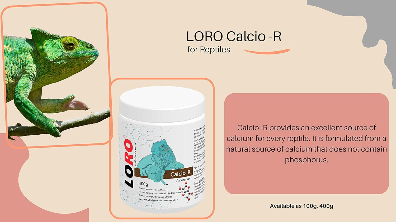 LORO: In Nature's hand Calcio-R for Reptiles (400 G) | Calcium Supplement for Reptiles | Phosphorous-Free Calcium Ultrafine Powder Reptile | Amphibian Supplement - Image 2