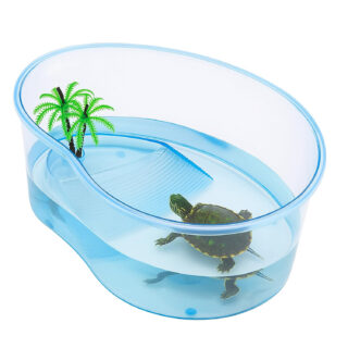 Jainsons Pet Products Acrylic Turtle Tank with Palm Tree & Basking Small Transparent Habitat Bowl for Baby Turtles & Reptiles Mini Aquarium with Turtle Ramp Platform (15 x 5.5 x 10 Inch, Blue)